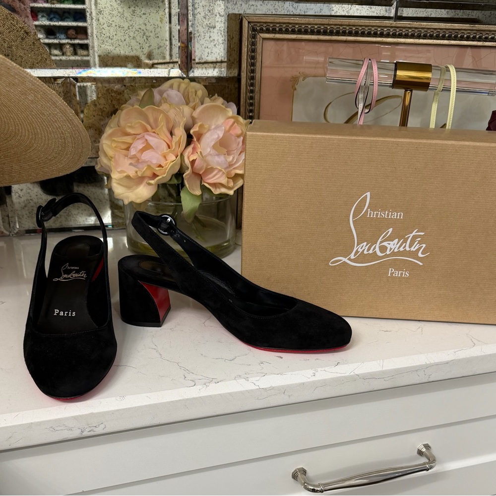 Christian Louboutin So Jane 55 Black Suede Red Bottom Slingback Heels 37 NIB